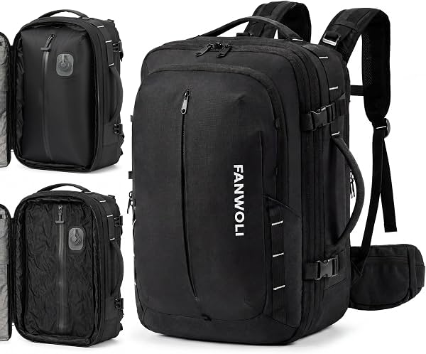 Mochila de viaje con vacío Fanwoli, compresión con un botón, expandible, equipaje de mano | Bomba eléctrica integrada, cinturón ergonómico, resistente al agua, compartimento húmedo/seco y para zapatos, compatible con laptop de 17" para viaje/negocios