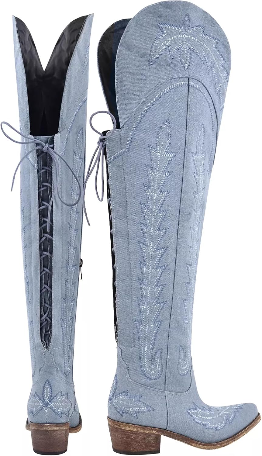 Women's Over The Knee Cowboy Boots Embroidered Western Boots Lace up Cowgirl Block Heeled Thigh Boots