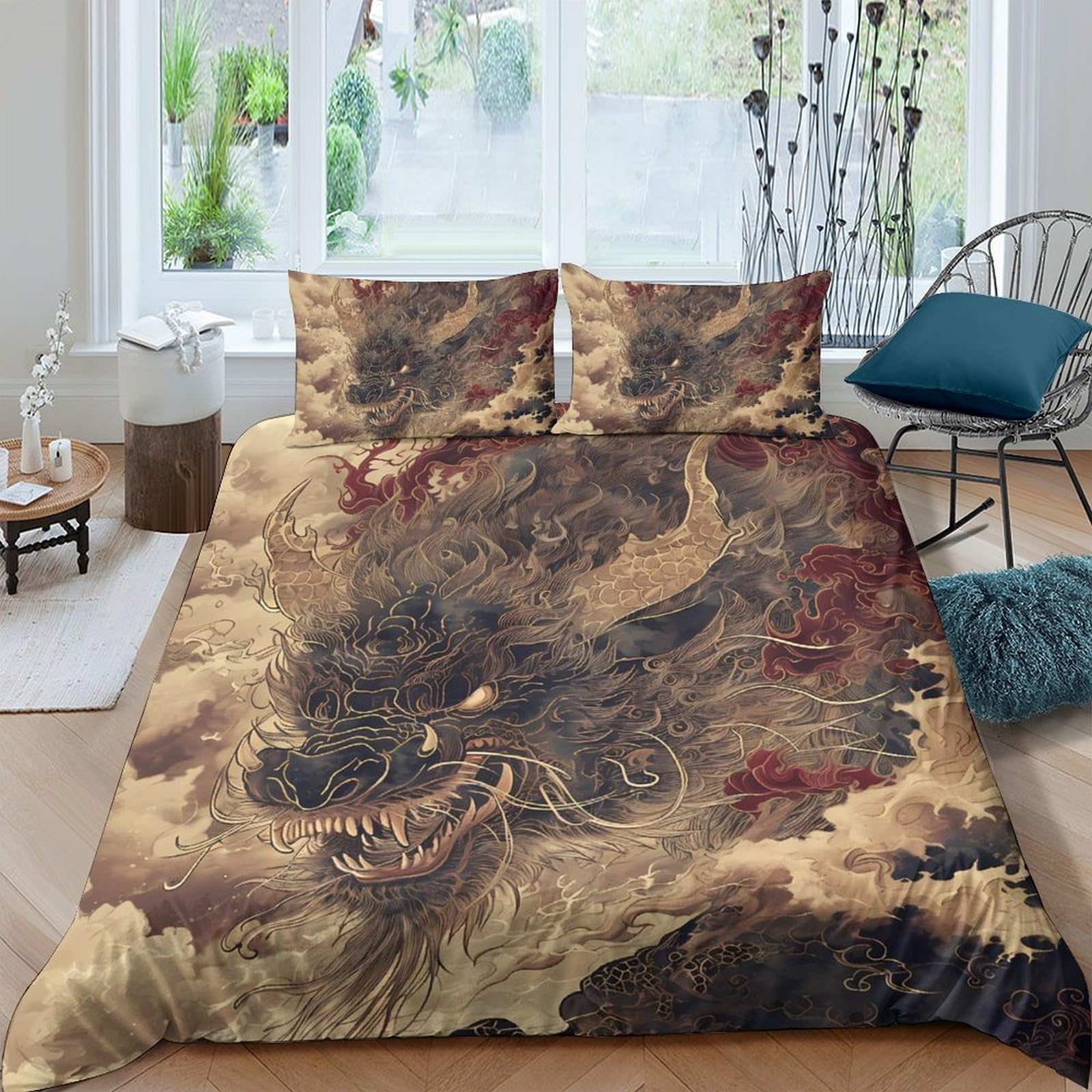 Ctjqhvkz Style-2 3D Printed Vintage Chinese Dragon Fitted Sheet Microfiber Artistic Brown Gold Bed Cover For Bedroom Dorm Decor Single（135X200cm）