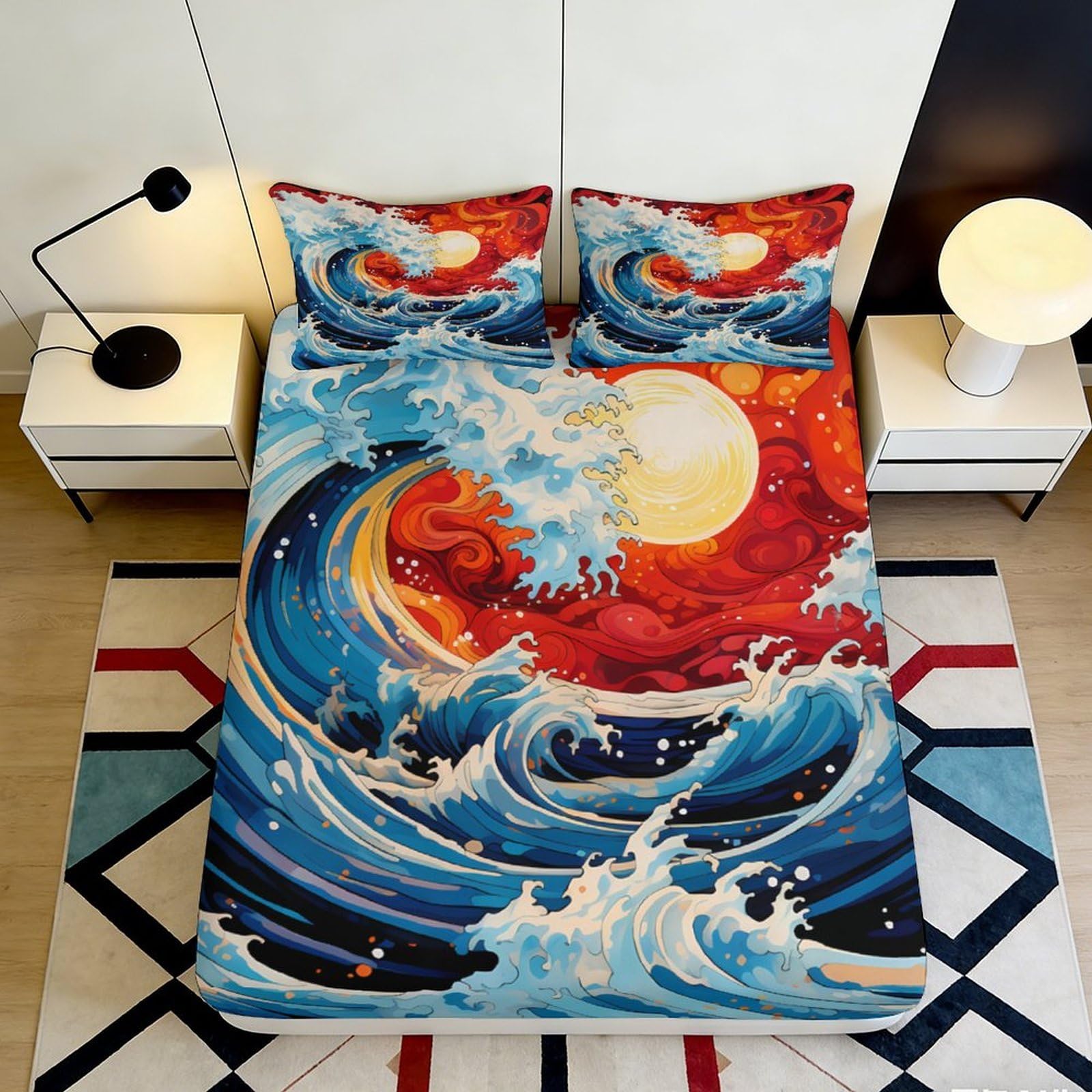 3D Printed Ocean Wave Fitted Sheet Microfiber Sunrise Red Blue Mattress Cover for Bedroom Dorm Room Decor Easy Care 90x200x25cm