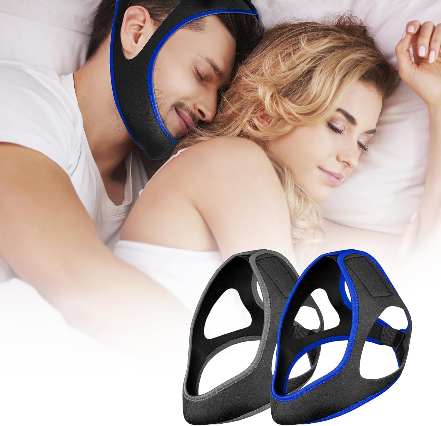 2 Pack Chin Strap for Sleeping, Anti Snoring Devices to Stop Snoring Safe and Effective for CPAP Users, Snore Stopper for Sleeping High Elasticity, Adjustable & Breathable for Men, Women (Blue+Gray)
