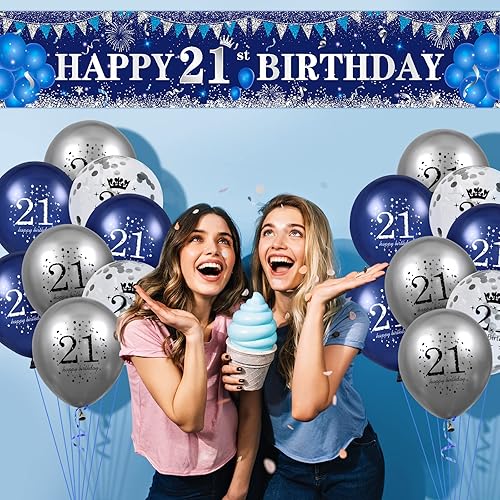 Miniatura 103 de Decoraciones azules de cumpleaños número 10 para niños y niñas, pancarta y globos de feliz cumpleaños número 10 azul marino y plateado