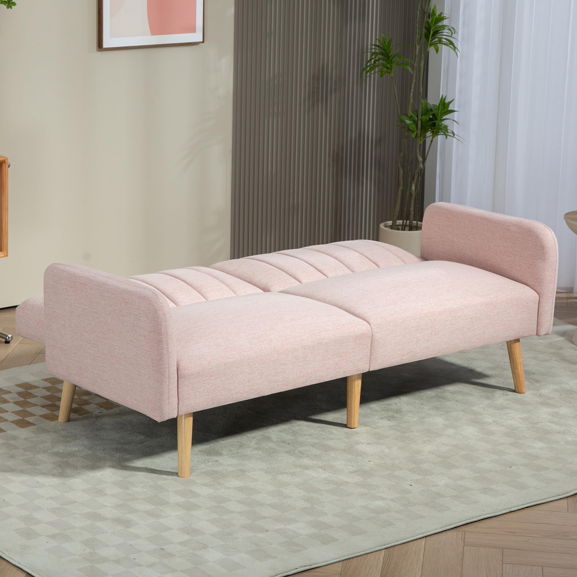 HOMCOM Sofá Cama de 2 Plazas Moderno 173x75x73 cm Sofá Cama Plegable Tapizado en Lino Sintético con Respaldo Ajustable en 3 Niveles y Reposabrazos Desmontables para Salón Oficina Rosa