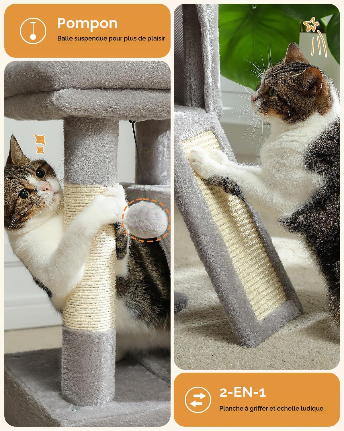 PETEPELA Arbre à Chat, Petit Arbre a Chat avec 2 Condos Douillets, Perchoir Moelleux, Griffoir et Poteaux en sisal & Pompons Suspendus, 77 cm, Gris