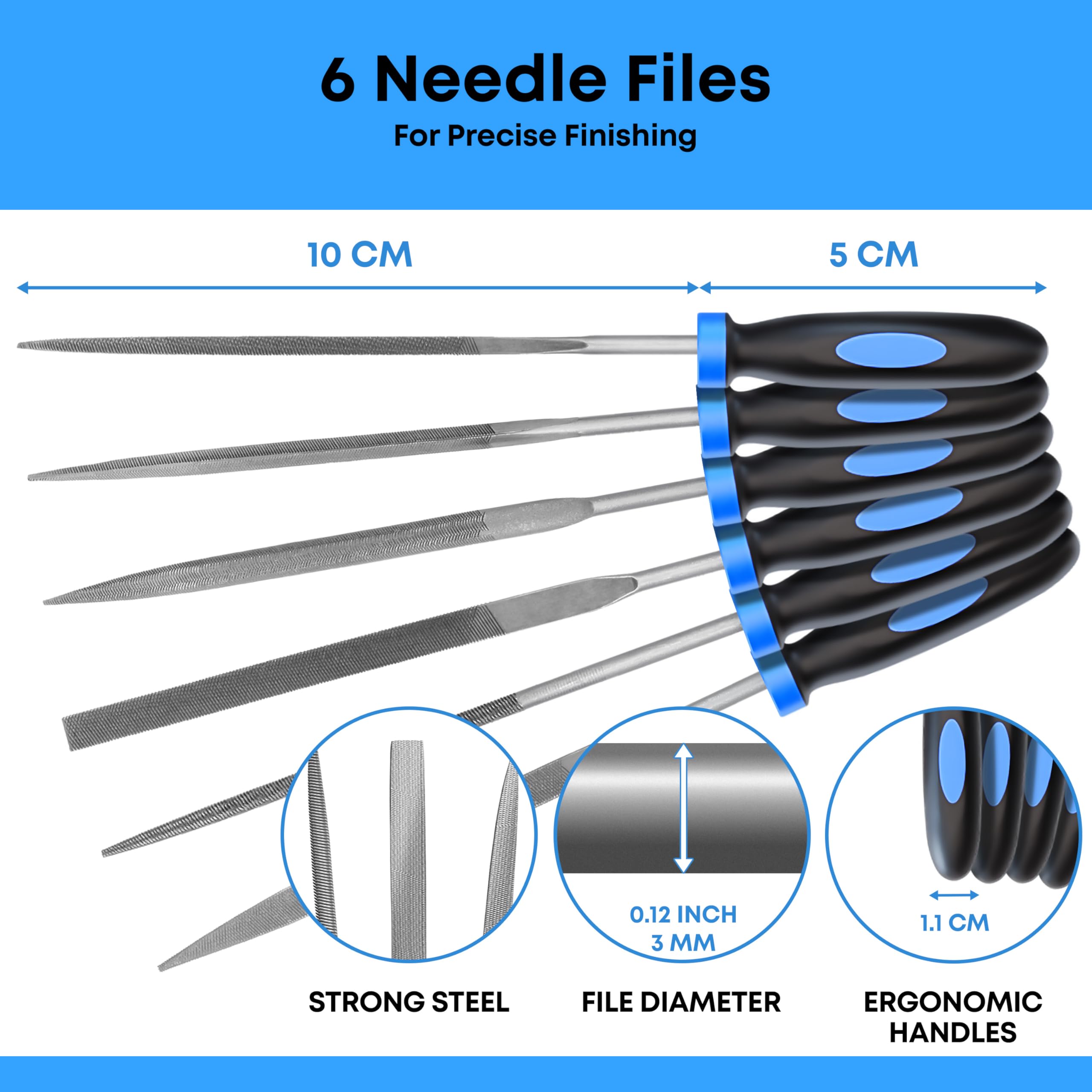 6 pc Needle File Set for Wood, Metal, Plastic and Jewellery - 150x3mm - Small Round, Half-Round, Square, Triangle, Flat and Flat Pointed Files
