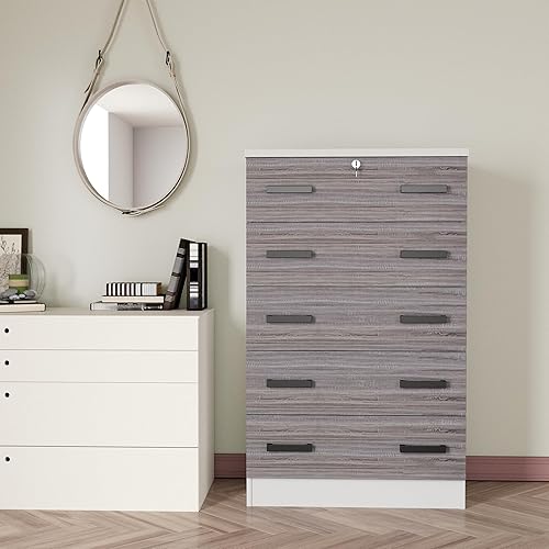 Miniatura 2 de Woodpeckers Furniture And Mattress Cindy - Cómoda de madera con 5 cajones con cerradura (blanco y gris)