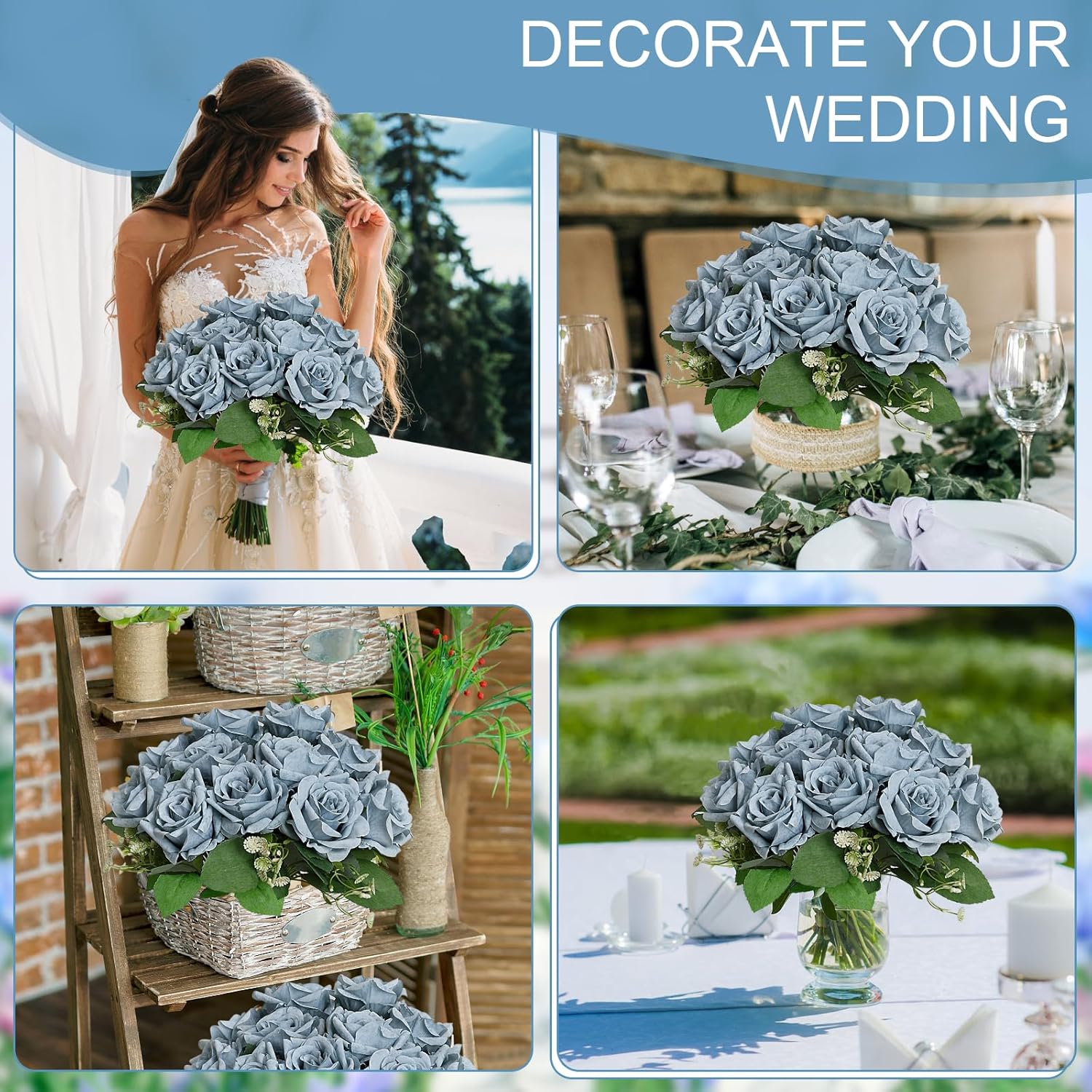 Artificial Roses Bouquets - 8 Bundles Fake Silk Flowers Realistic Faux Florals Bulk for Wedding Bridal Party Baby Shower Event Home Arrangements Centerpieces Decorations (Dusty Blue) - Image 5