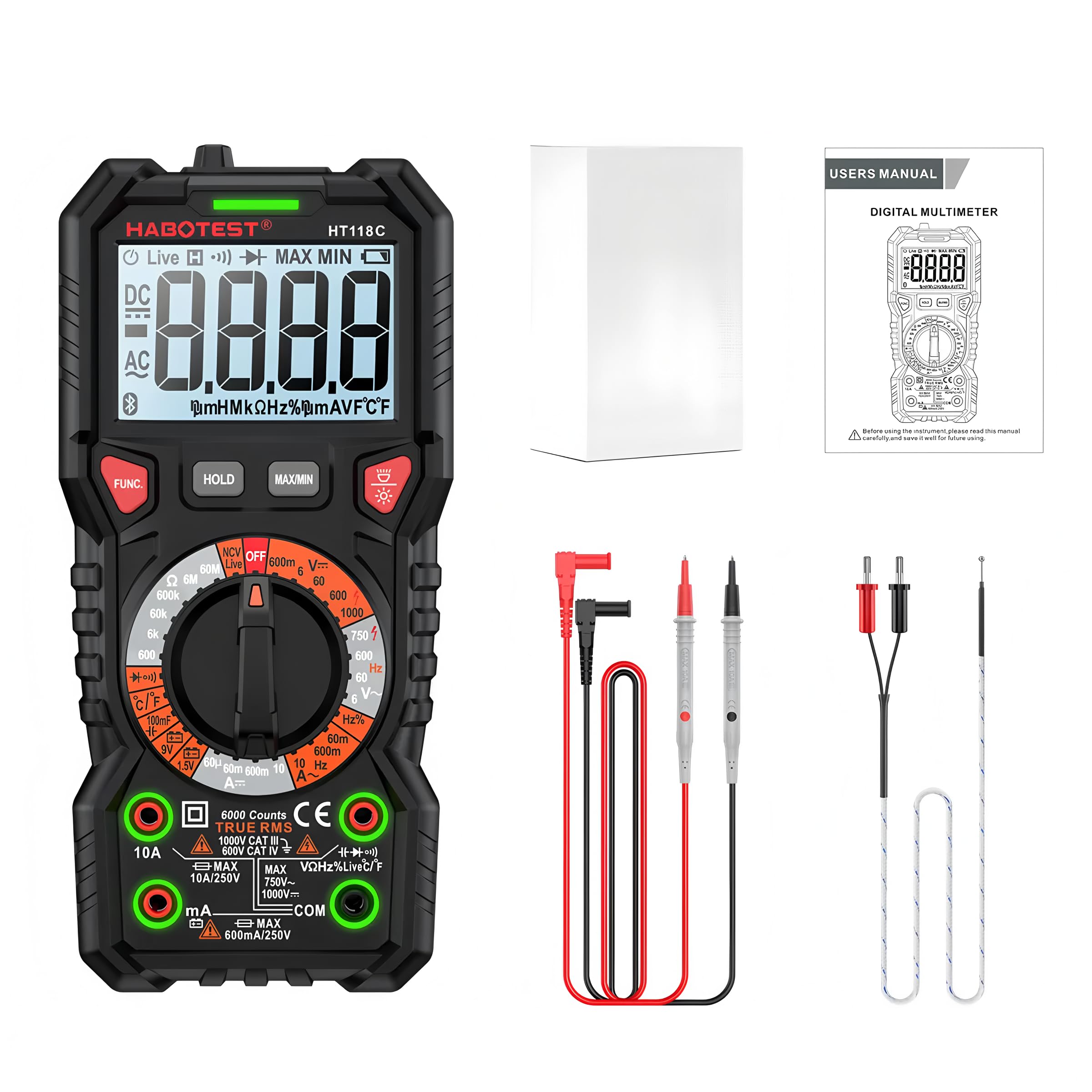 Multimetro Digitale HT118C True RMS 1000V AC/DC 6000 Conti Voltmetro Range Automatico NCV Hz Diodo ohm Tester Multimetro (HT118C)
