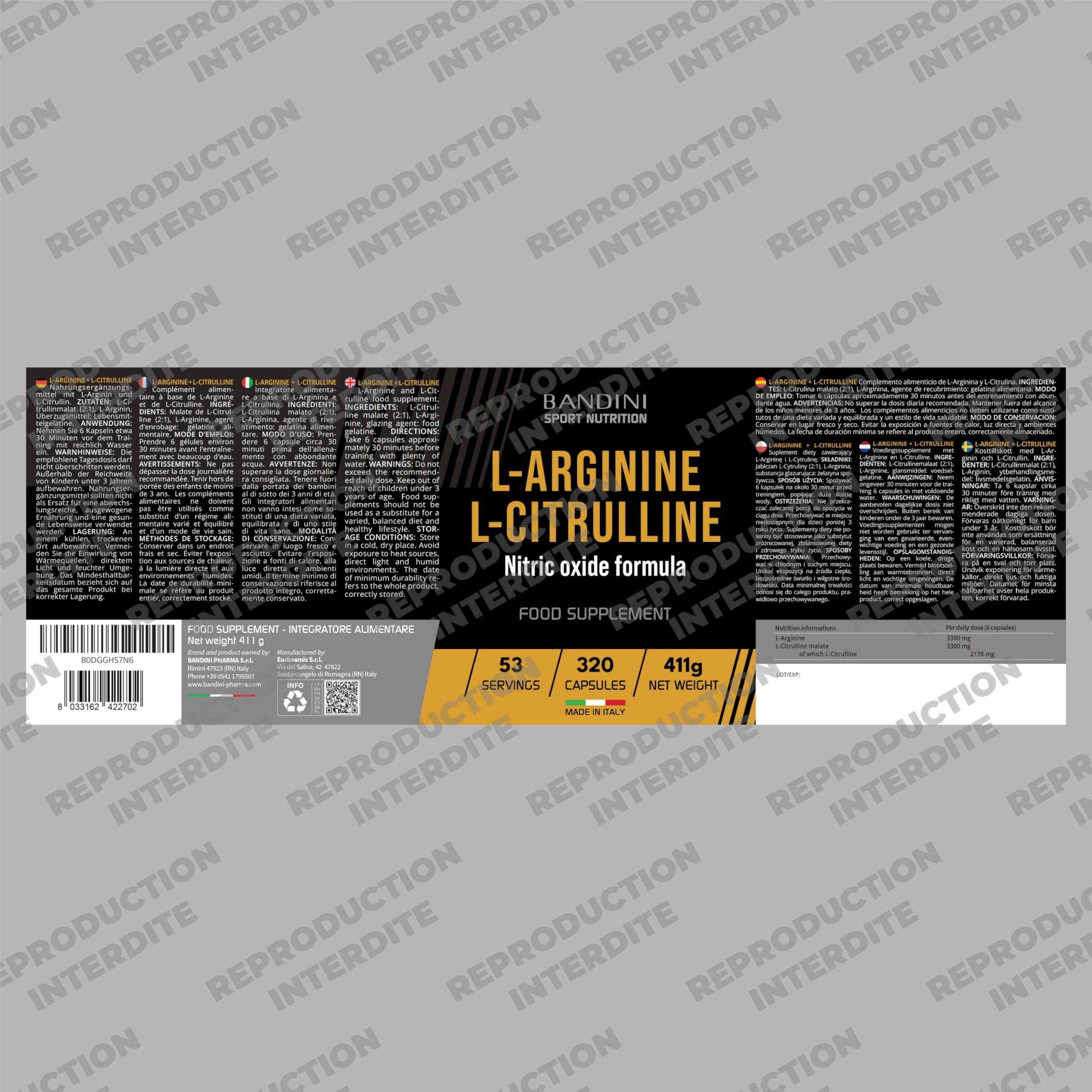 Bandini® L-Arginine + L-Citrulline 320 gélules (1100 mg par gélule) | Arginine + Citrulline Malate, Complément Preworkout, Gym, Endurance, Récupération Musculaire, Acides Aminés Semi-Essentiels