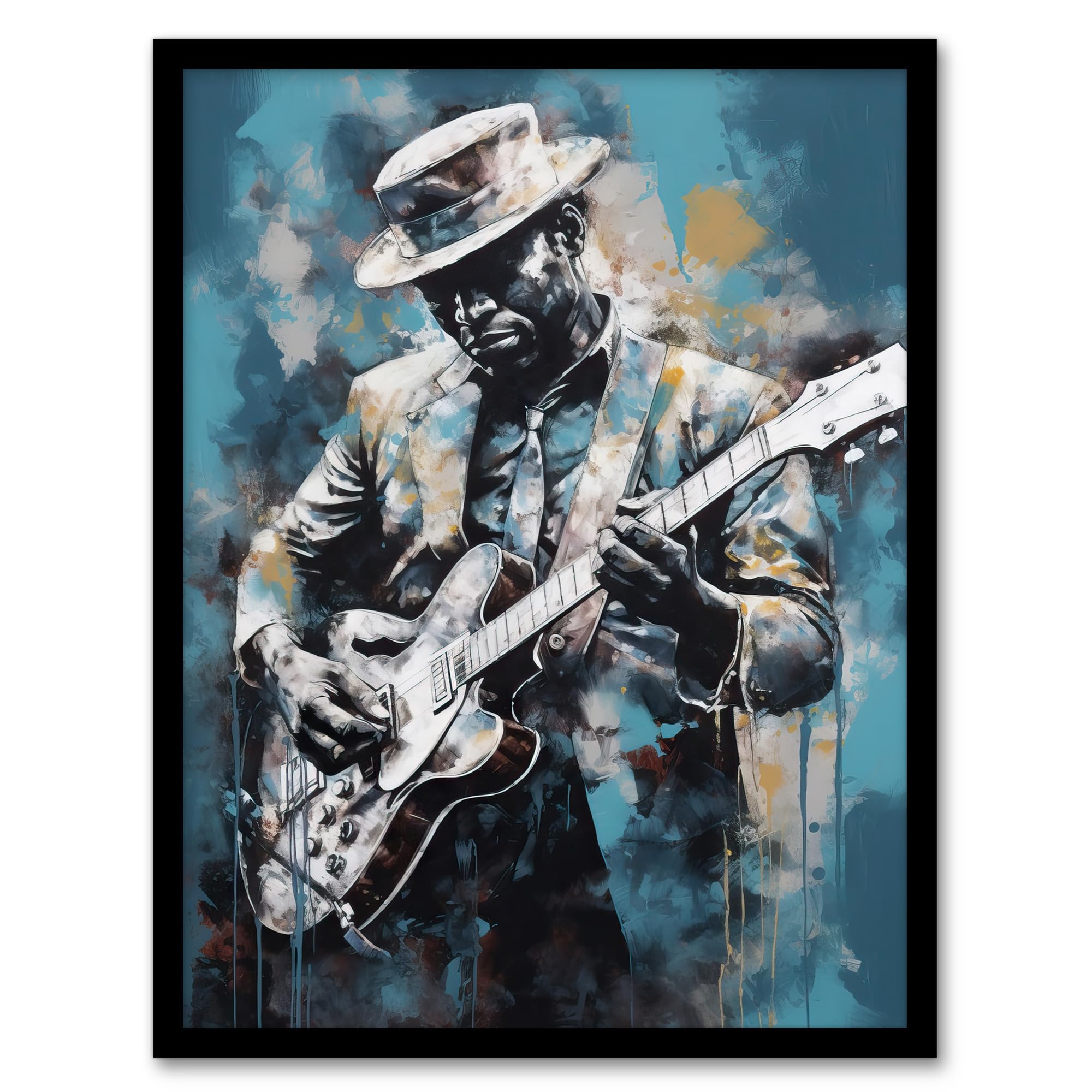 Ragtime Blues Watercolour Art Print - Musician Playing Electric Guitar Portrait Painting - Framed Wall Art - Blue - A4