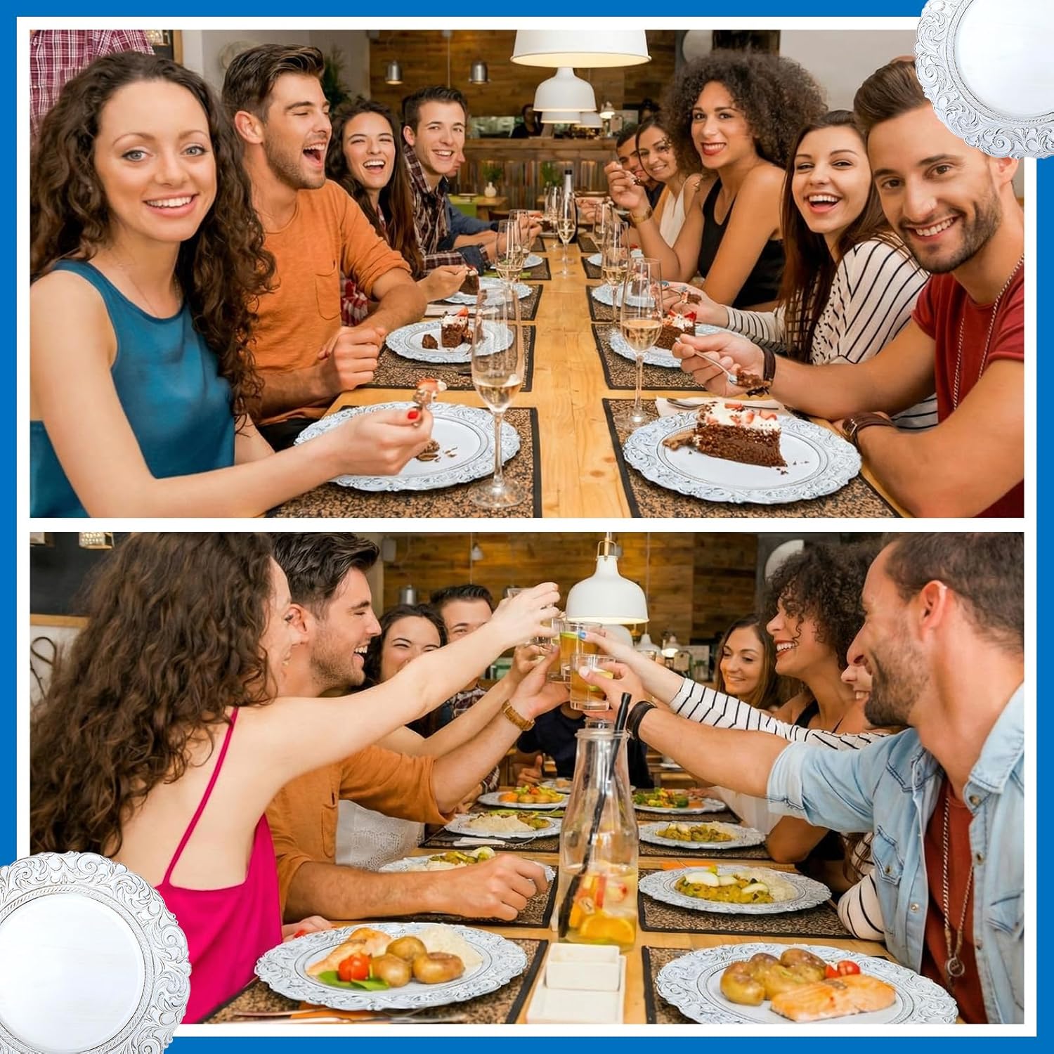 12 Pcs Plastic Charger Plates 13" Round Antique White Gold with Engraved Baroque Rim Vintage Disposable Decorative Chargers for Wedding Party Events