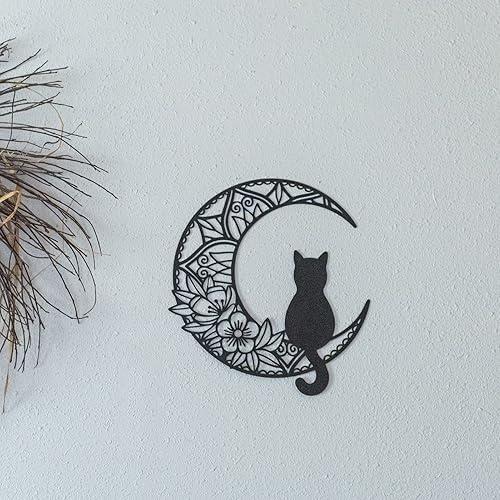 Vista 3 de EYONGLION Arte de pared de luna de gato negro, frontón de pared de fase lunar, escultura de pared de gato