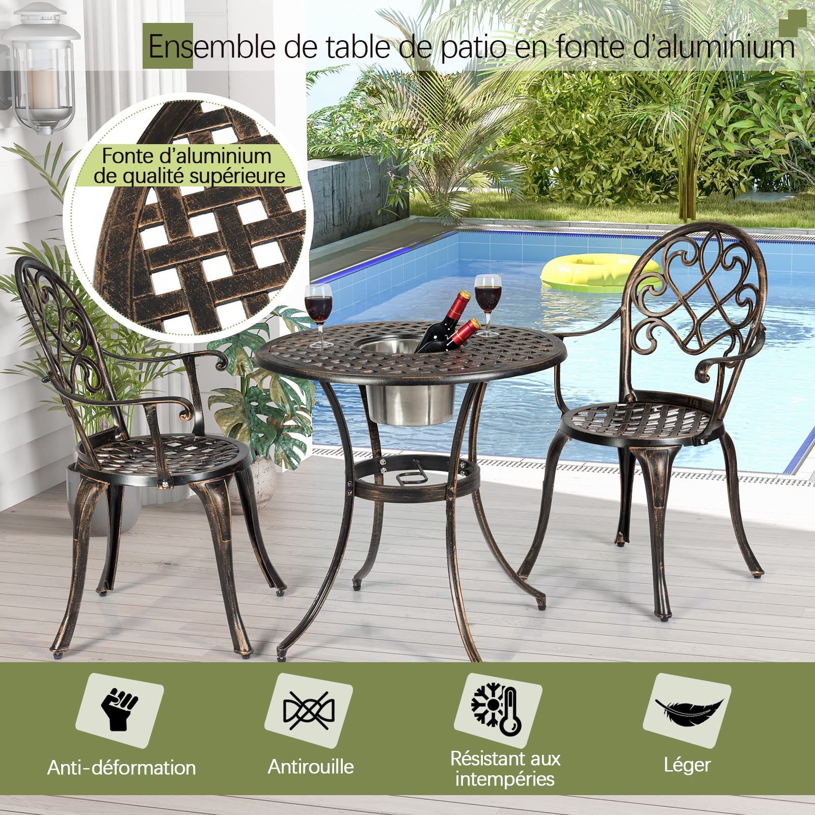 GOPLUS Ensemble de Bistrot 3 Pièces en Fonte d'Aluminium, Table Ronde avec Seau à Glace Amovible & 2 Chaises, Résistant aux Intempéries, Style Antique