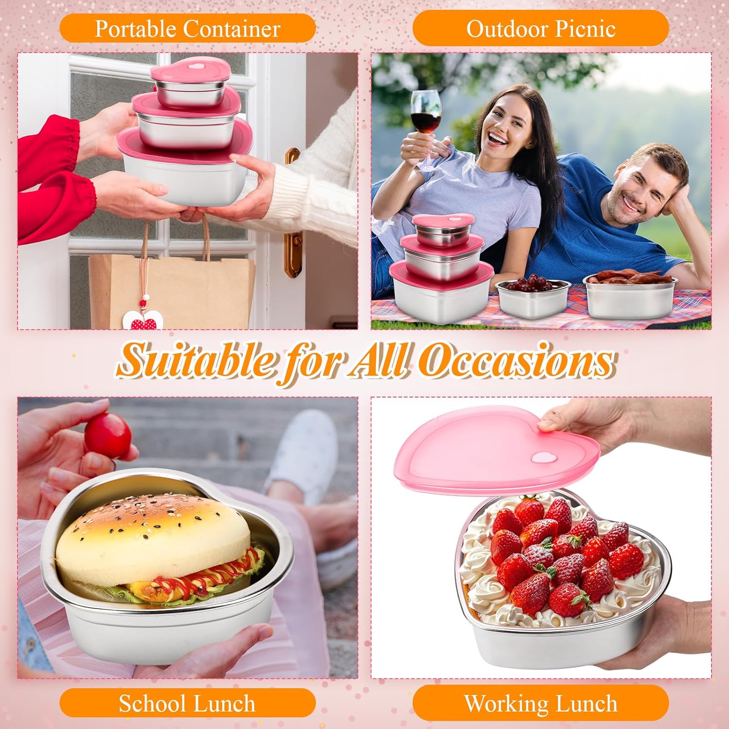 3 Pcs Heart Shaped Snack Box with Lid Mixed Size 12oz 30oz 64oz Snackle Container Stainless Steel Cake Fruit Dessert Food Storage Box Reusable Love Lunch Bento for Picnic Office(semi-sealed)