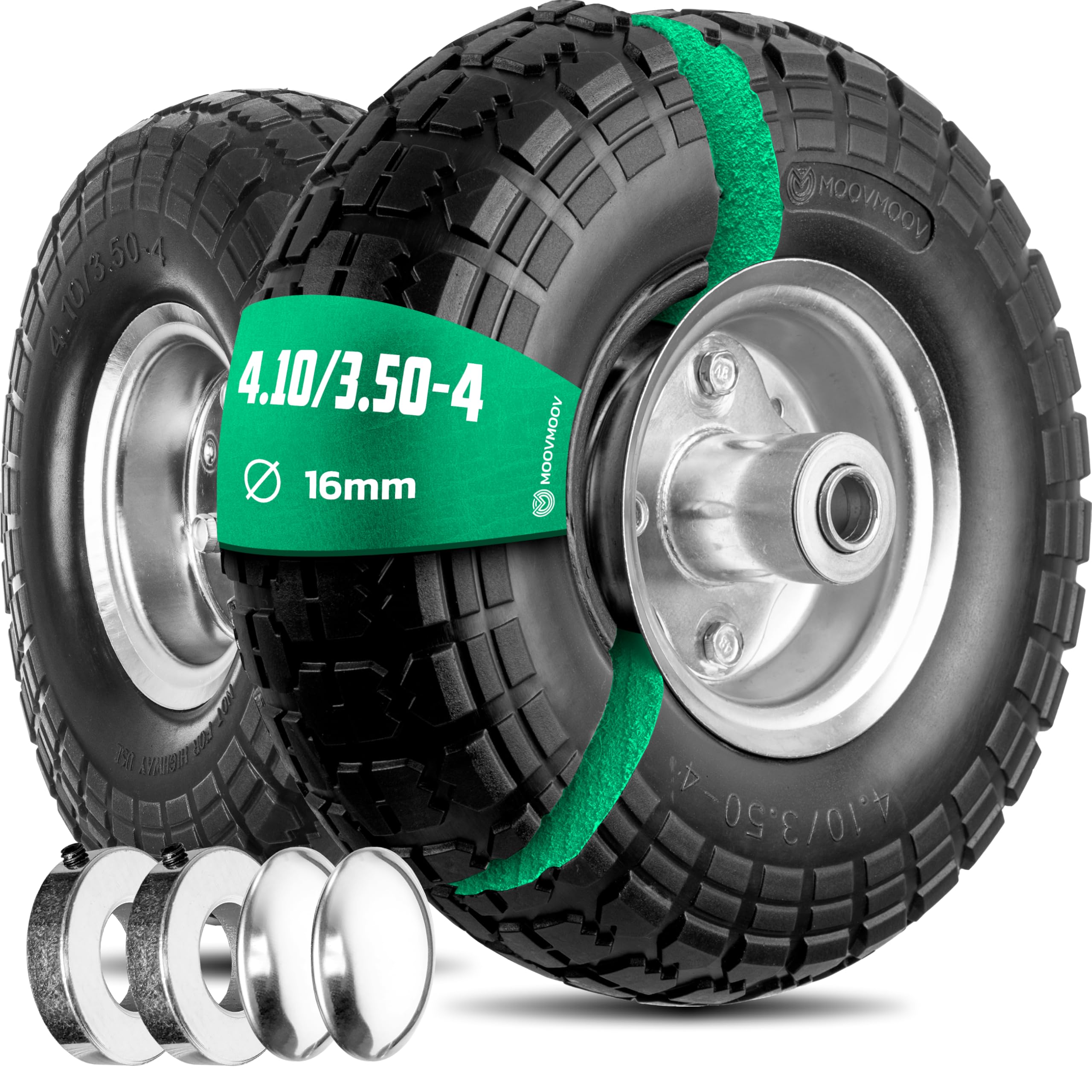MOOVMOOV Rueda Maciza 4.10/3.50-4 (x2) Orificio para Eje de 16 mm - Cubo Desplazado de 55 mm - Para Carretillas, Carretillas de Mano, Carros, Etc. - Incluye Anillo de Bloqueo + Tapa Autolock