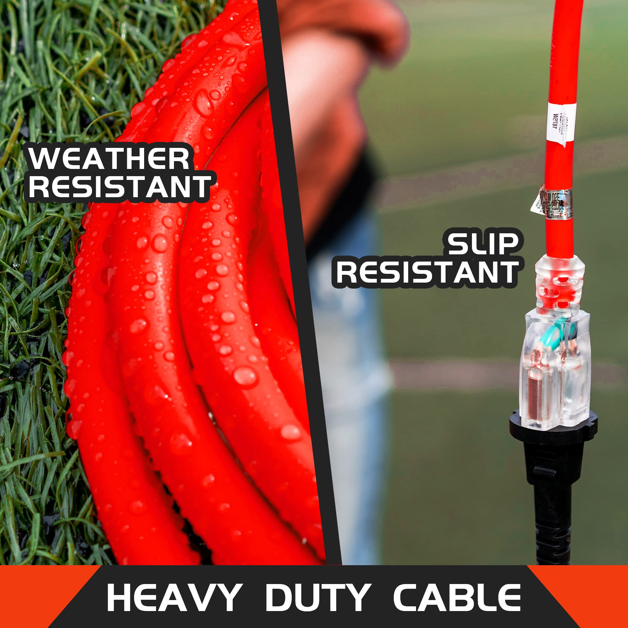 Cable de extensión iluminado para exteriores de 10 pies, 12/3, calibre 12, 3 clavijas, SJTW, resistente, cable de extensión rojo neón con enchufe de 3 clavijas para mayor seguridad, listado