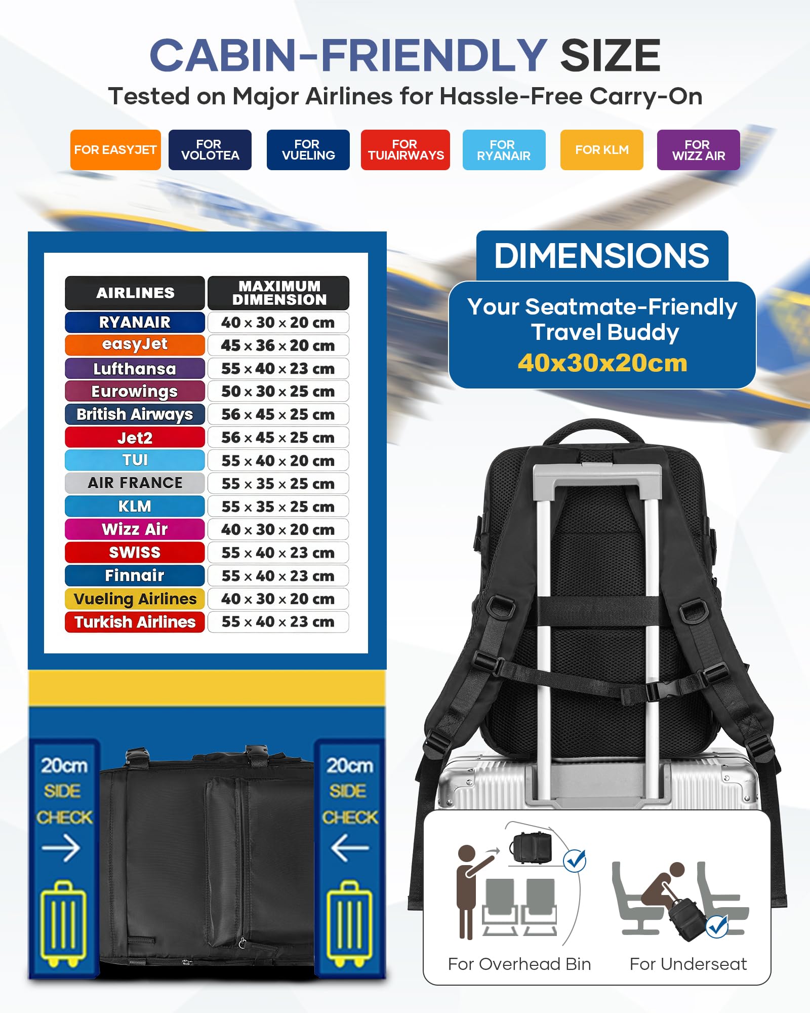 Zaino 40x30x20 Sottovuoto Viaggio Aereo Bagaglio a Mano Ryanair | con Pompa Zaino da Viaggio Impermeabile Zaini Airbag Borsa da Cabina Wizzair Vueling per Donna Uomo - Nero