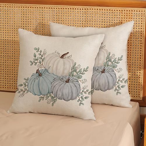 Miniatura 298 de Juego de 2 fundas de almohada de otoño de 18 x 18 pulgadas, hojas de arce de calabaza y búfalo a cuadros, decoración de otoño, de lino, Acción