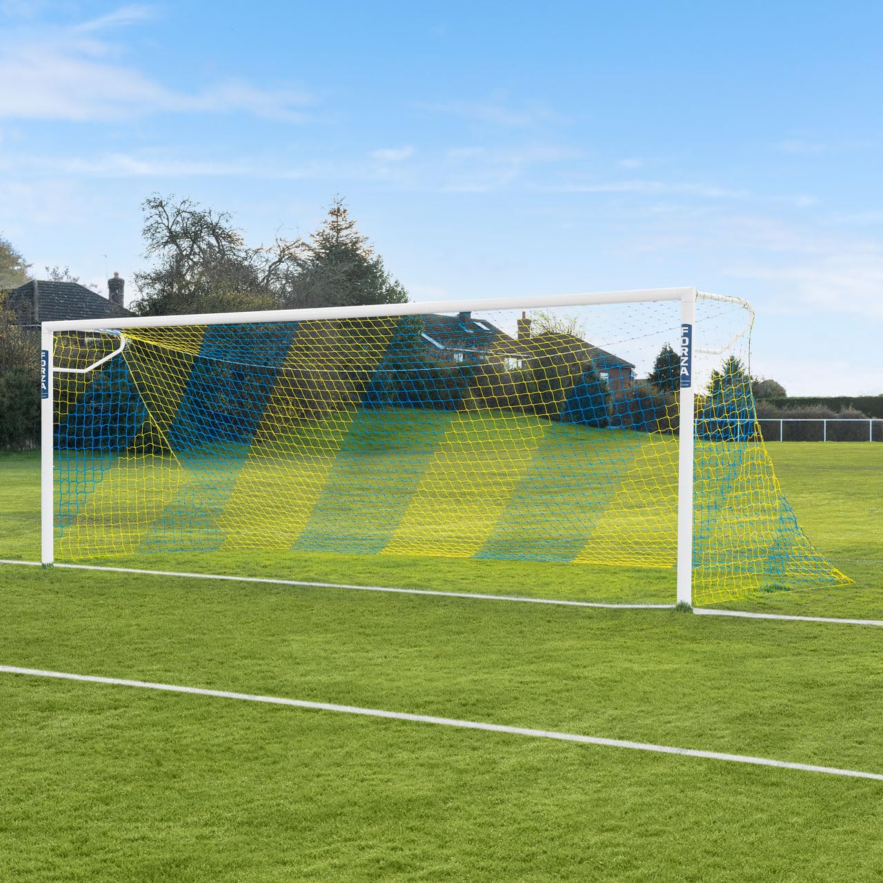 FORZA 24ft x 8ft Full Size Striped Football Goal Net | Striped Replacement Football Nets [SINGLE] (Blue/Yellow)