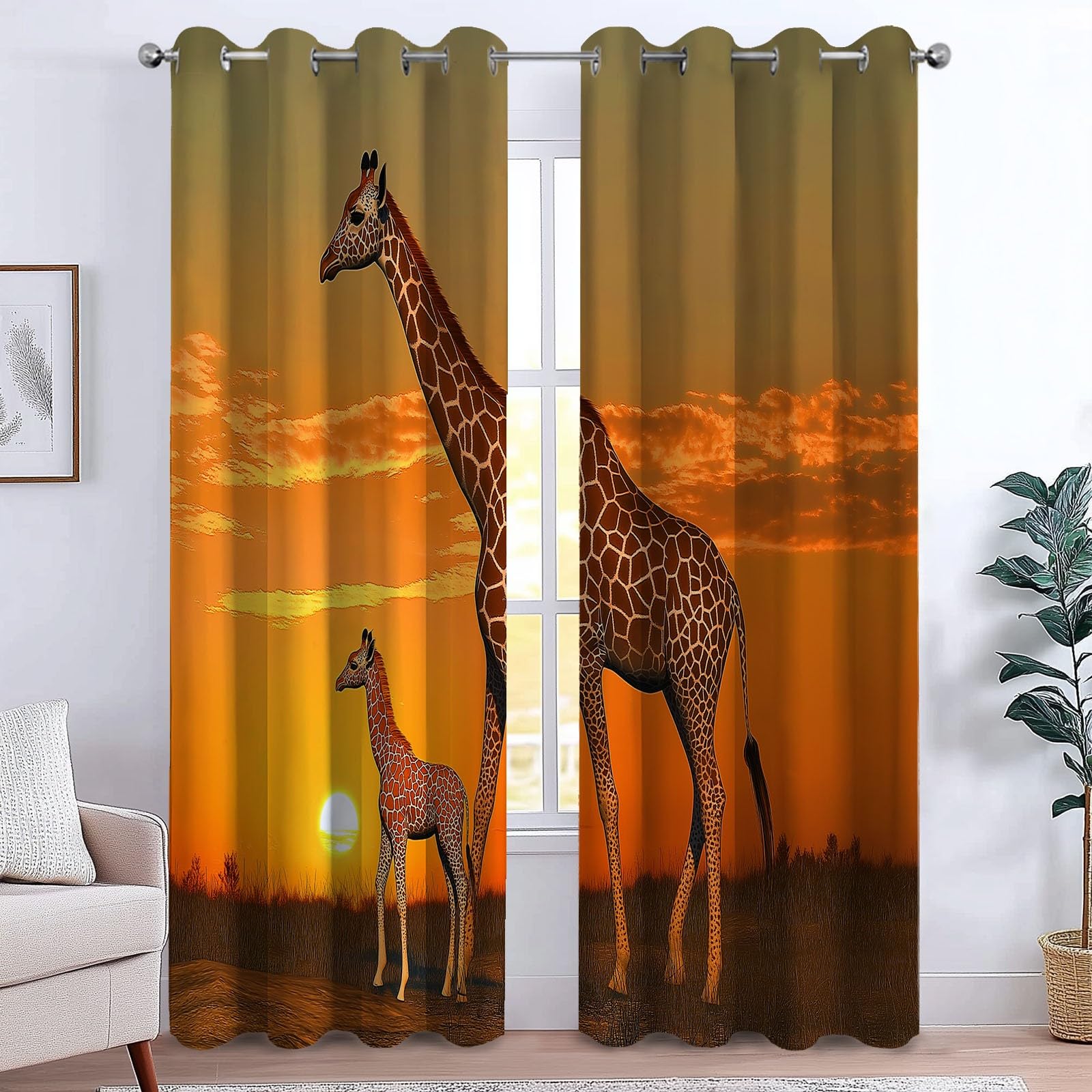 CozyRest Kids Curtains Eyelet Thermal Insulated 100% Blackout Curtains Animals Giraffe Sunset Africa Grassland Pattern Ring Top Darkening Drapes for Bedroom Living Room 55 x 102 inch Drop 2 Panels