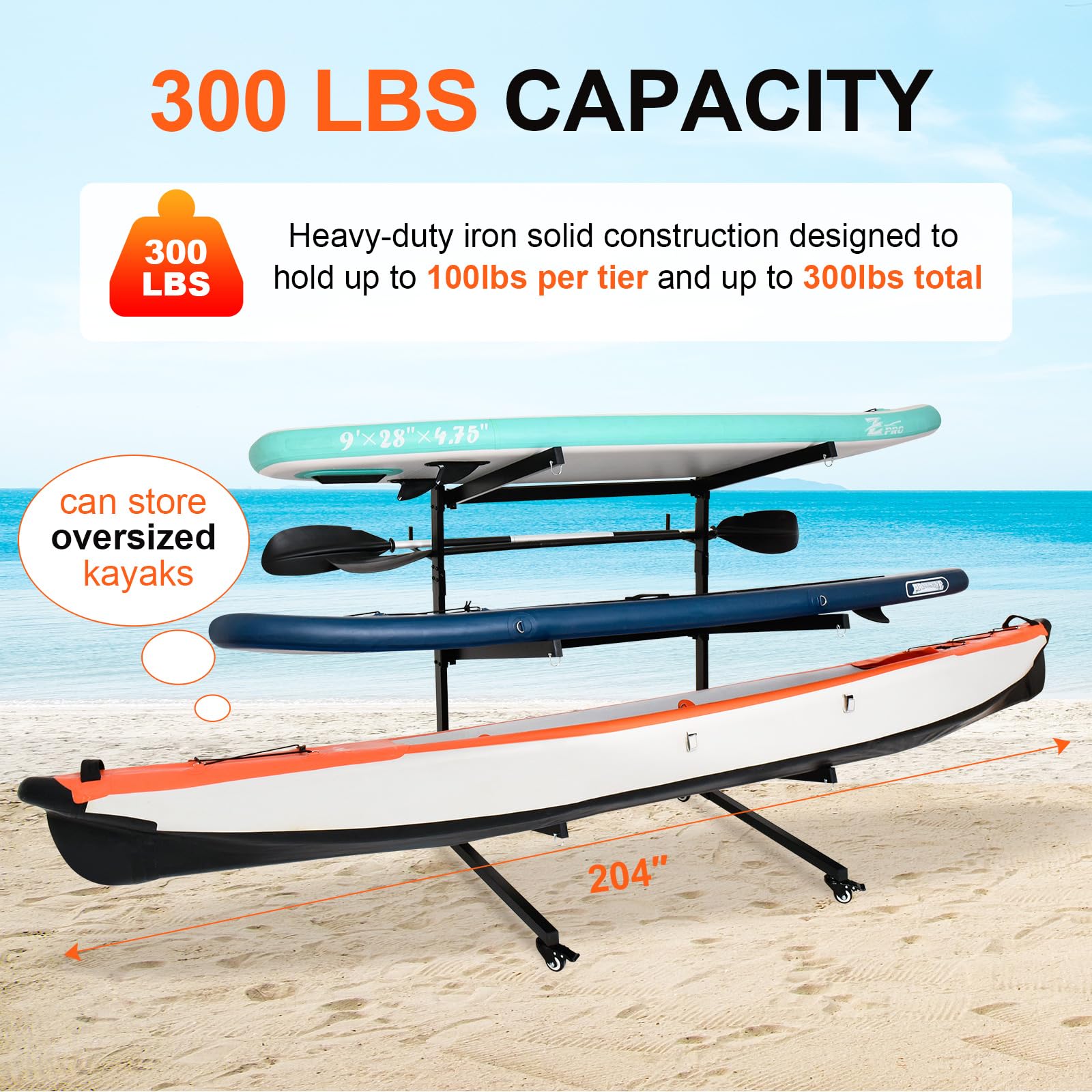 CNaiyunpin Kayak Stand & Storage Rack, Fits Kayaks, SUPs, Canoes, with Wheels, Max 400 LBS, for Garage & Outdoor Storage, Kayak Paddle Holder, Easy Transport & Organization (3 Kayaks Storage Rack)