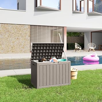 45 Gallon Waterproof Outdoor Storage Box,Resin Deck Box,Lockable Outside Storage Box Container for Patio Furniure,Garden,Pool Tools (Grey)