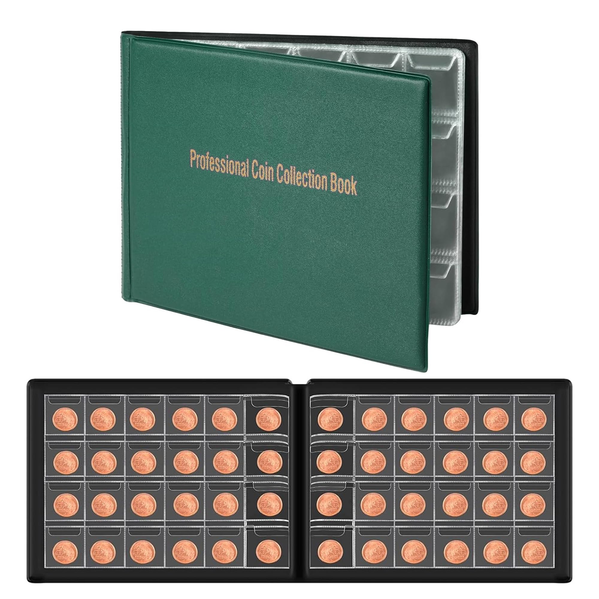 Plastific Coin Album Penny Money Storage Book Case Folder Holder Collection Coin Collection Album Pockets Coin Storage Album Coin Holders for Coin Collectors (Green)