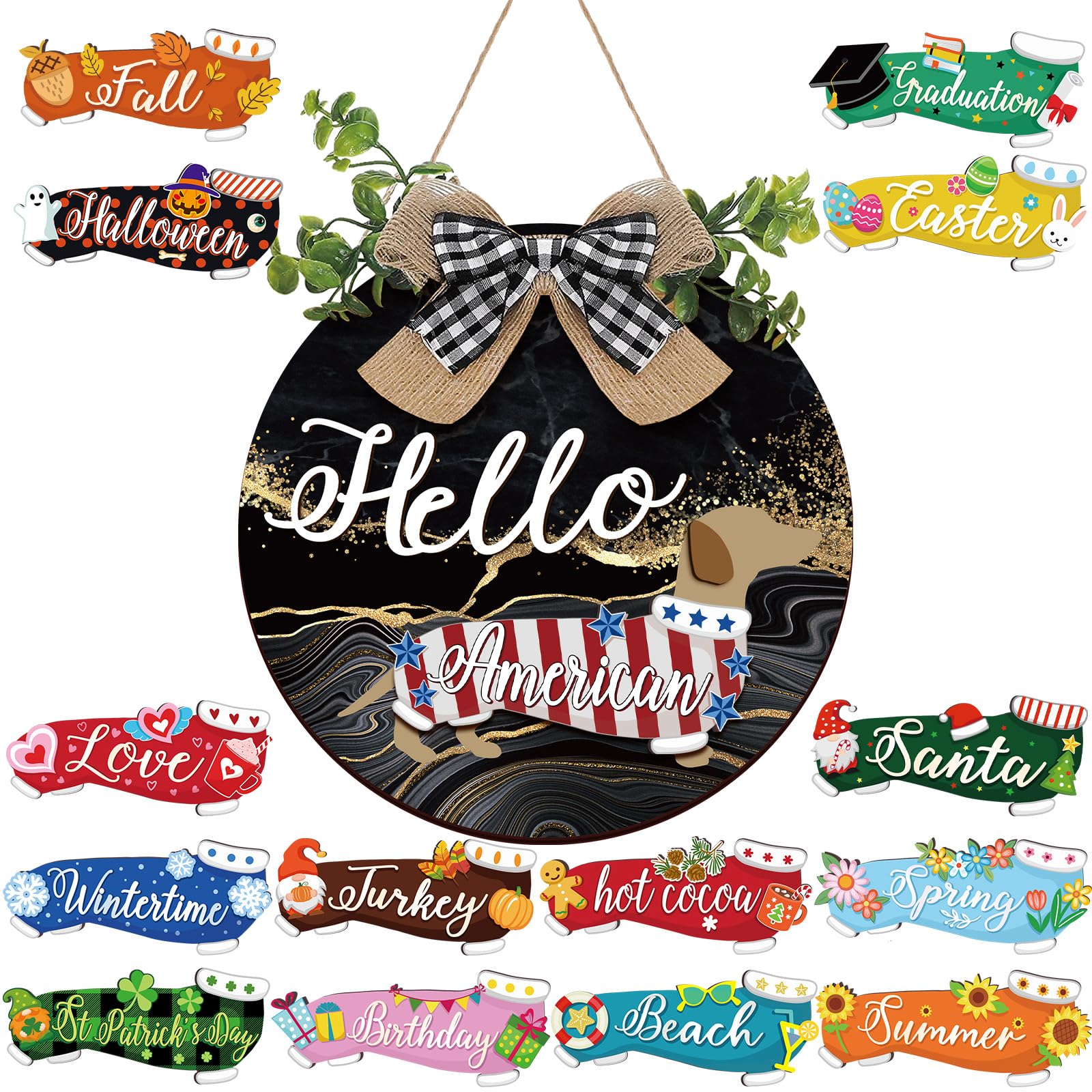 Glenmal 16 Pcs Seasonal Dachshund Welcome Sign Cute Interchangeable Rustic Dog Front Door Wreaths Detachable Holiday Hanging Wiener Dog Sign for