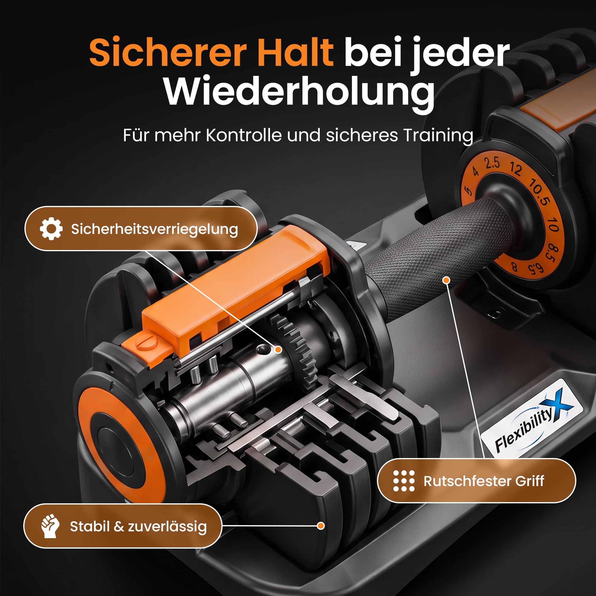 Verstellbare Kurzhantel 2,5-12 kg mit 10 Gewichtsstufen, einzelne Hantel mit Hantelablage, Schnellverstellung, rutschfester Griff für Home Gym