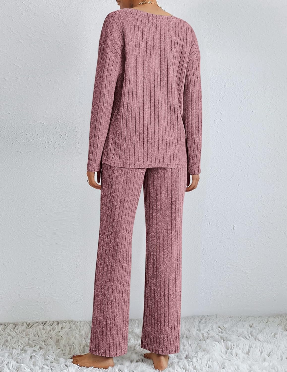 Ekouaer Lounge Sets for Women Long Sleeve Knit Ribbed Pajama Sets 2 Piece Casual Loungewear with Pockets Dusty Rose Large