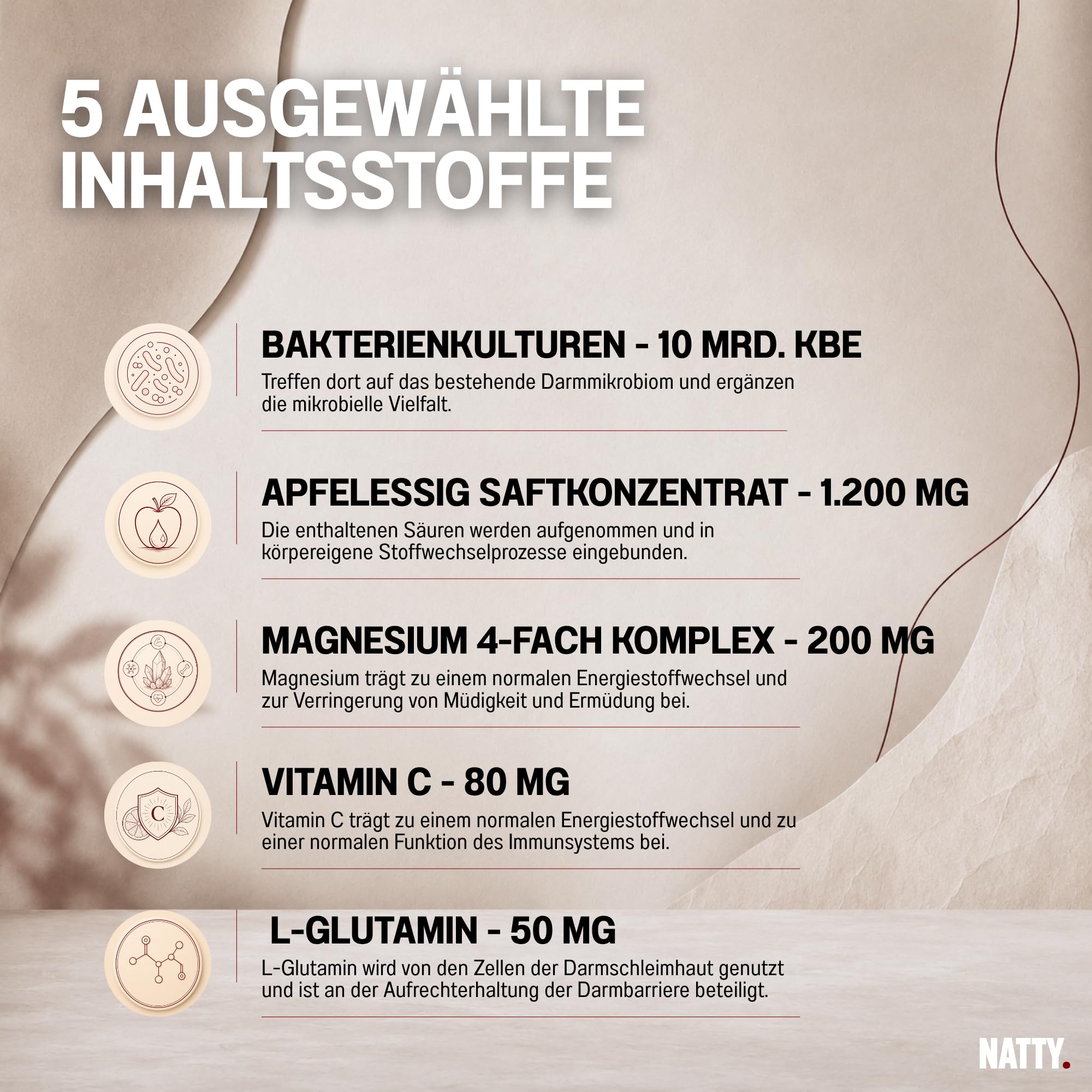 NATTY Bauchwohl Bundle 60 Tage – Bakterienkulturen Komplex mit 10 Mrd. KBE, Apfelessig Kapseln & Magnesium 4-fach Komplex – veganes Nahrungsergänzungs-Set, 4-teilig