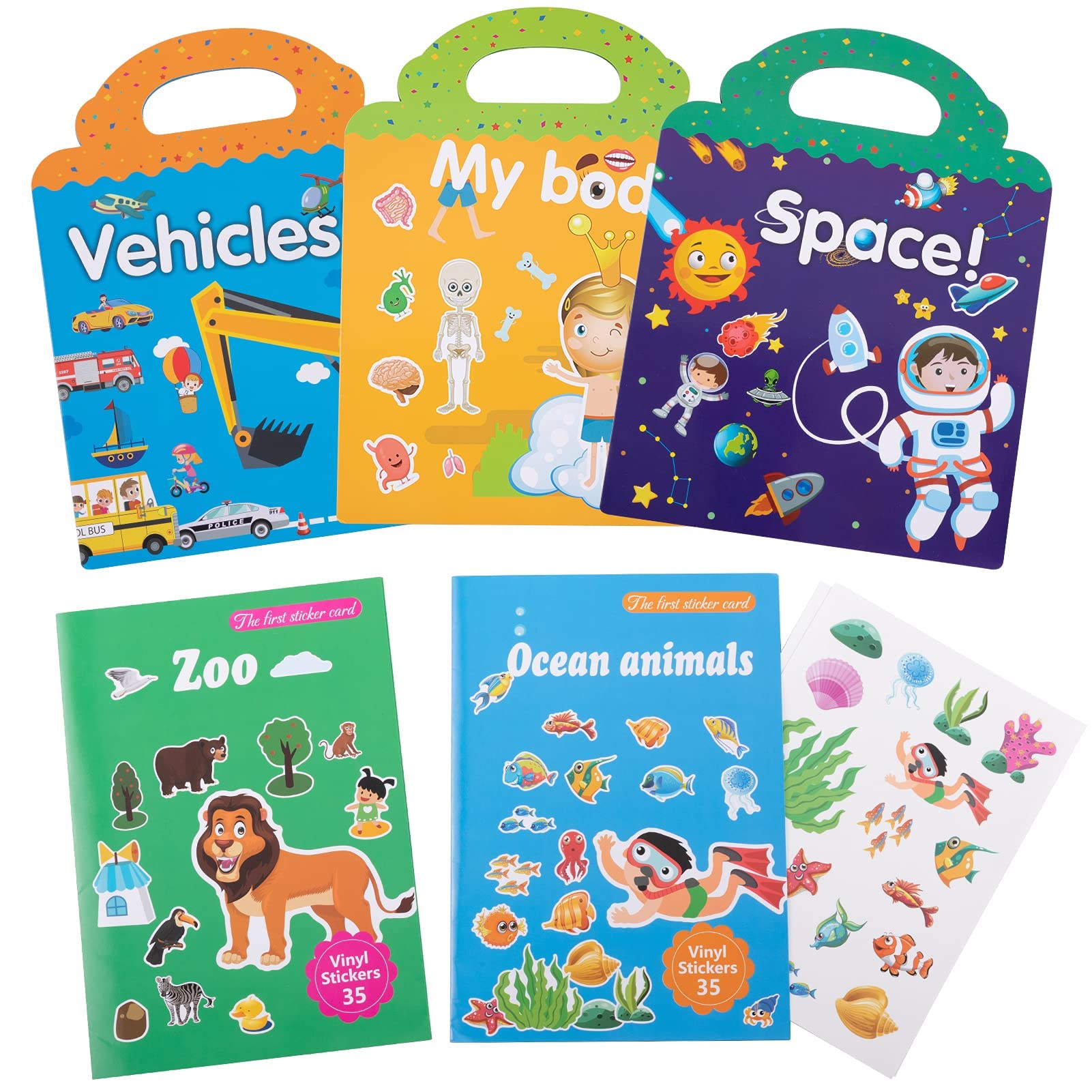 KASTWAVE Kids Reusable Sticker Books, Set of 5, Age 2-4 (My Body, Zoo, Vehicles, Space, Ocean Animals)