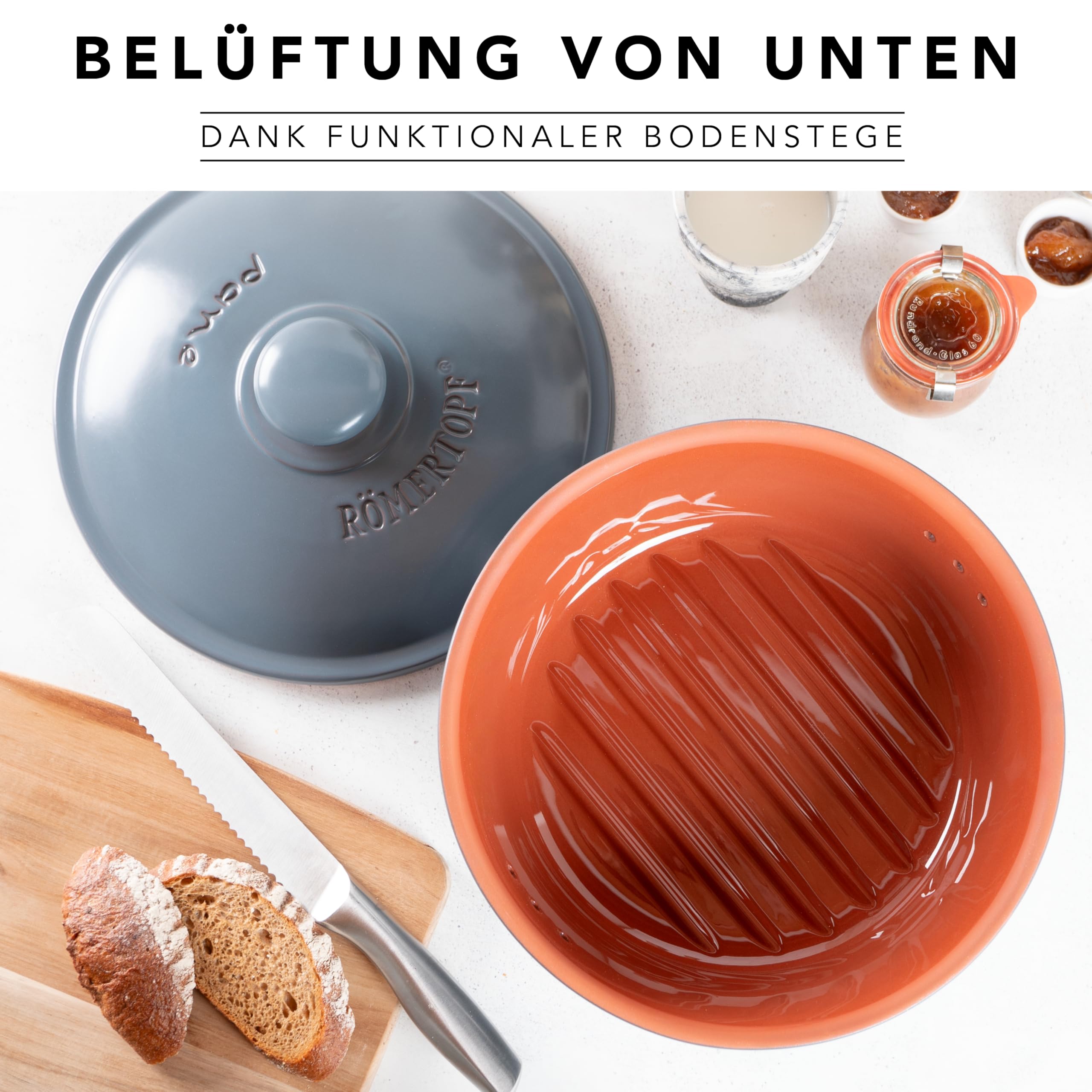 Römertopf Brottopf rund 4,5 L Brotkasten Keramik mit Deckel, Blau-Grau | Ø 30 cm, Platz für 1–2 Laibe oder viele Brötchen, atmungsaktive glasierte Keramik, spülmaschinengeeignet, seit 1967