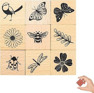 9 PCS Vintage Wooden Rubber Stamps, Wood Stamps for Crafting Pattern of Butterfly Bird Ladybird Flower Plant, Ink Rubber Stamp Set for Scrapbooking, DIY Art and Journals