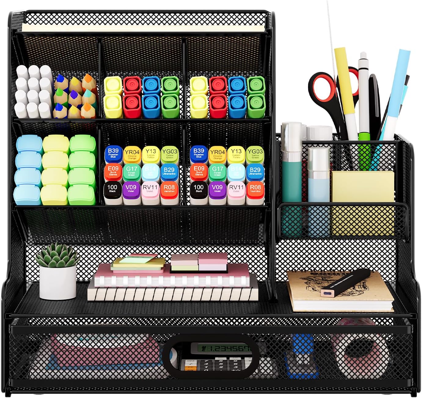 Desk Organizer with Drawer, Mesh Marker Pen Holder for Desk, 13 Compartments Stationery and Art Supplies Organizer, Office Accessories and Workspace Storage Rack, Black