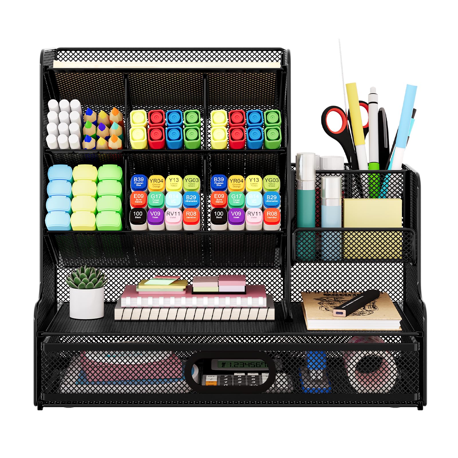 Organizer da scrivania con cassetto, portapenne in rete per scrivania, 13 scomparti, organizer per cancelleria e forniture artistiche, accessori per ufficio e spazio di lavoro, nero