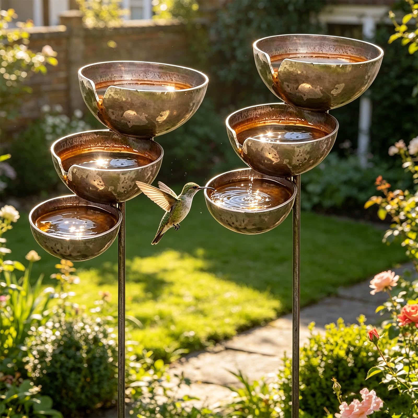 Tall 3-Tier Rain Catcher Bird Bath Stake - Self-Filling Iron Garden Water Fountain for Birds & Bees, Rustic Outdoor Yard Art, Lawn & Patio Decor (2pcs)