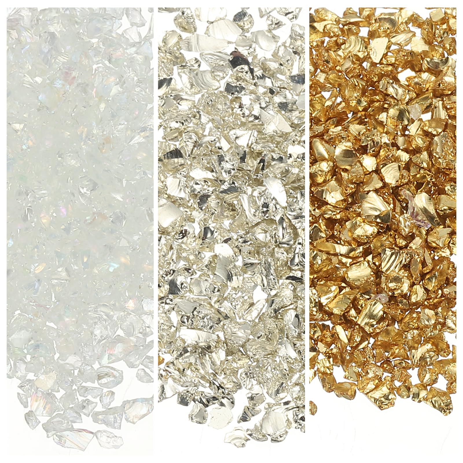sourcing map 3 Colors Crushed Glass Chips, 1-3mm Irregular Glitter Metallic Glass Broken Glasses Pieces with Laser Bag for Craft DIY Vase Epoxy Halloween Decoration 31g, Silver & Gold & Clear โ image 1