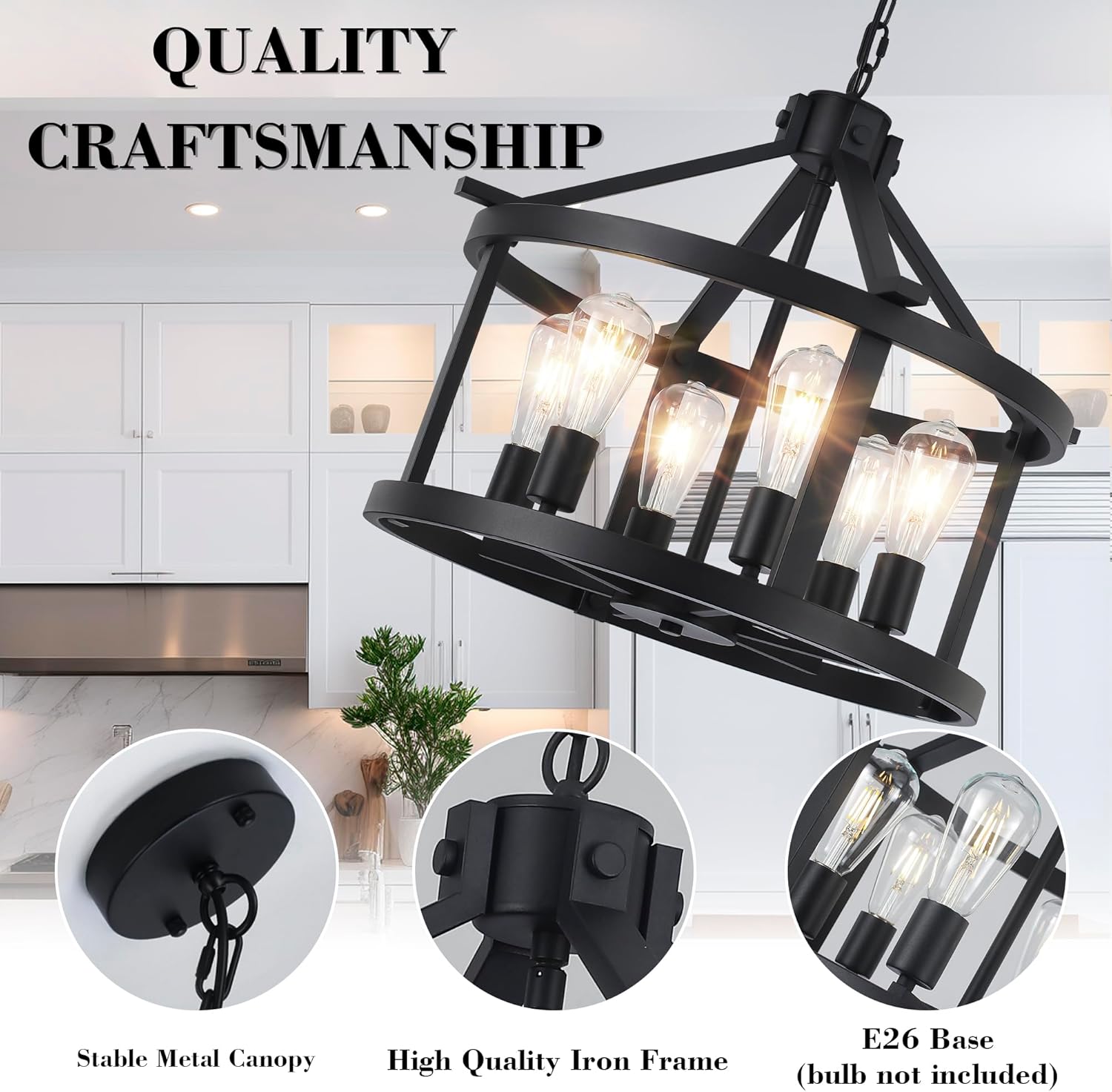 21.5'' Large Black Chandeliers Farmhouse Light Fixtures Vintage Rustic Cage Pendant Light Kitchen Island for Dining Room Foyer Entryway Living Room