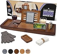Temple Spring Bamboo Bathtub Tray - Extendable Bath Caddy for Tub, Wine Glass & Tablet Holder, Spa Essentials with Accessories - Natural Wood Brown