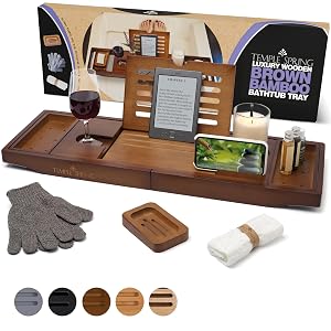 Temple Spring Wooden Bathtub Tray Bamboo Bathroom Accessories Bath Tray for Tub at Home Spa Essentials Board for