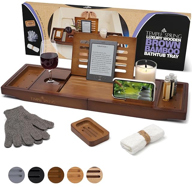 Temple Spring Wooden Bathtub Tray Bamboo Bathroom Accessories Bath Tray for Tub at Home Spa Essentials Board for