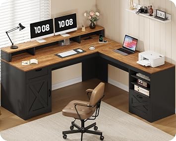 YOMILUVE Farmhouse 63" L Shaped Desk with Drawers and Storage Shelf, Home Office Desk with Power Outlets, Storage Cabinet, Corner Computer Desk with Long Monitor Stand, Brown and Black