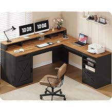 YOMILUVE Farmhouse 63" L Shaped Desk with Drawers and Storage Shelf, Home Office Desk with Power Outlets, Storage Cabinet, Corner Computer Desk with Long Monitor Stand, Brown and Black