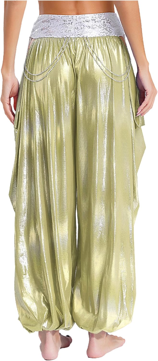 Women's Tribal Belly Dance Harem Pants Sequins Waistband Lantern Pants Performance Costume
