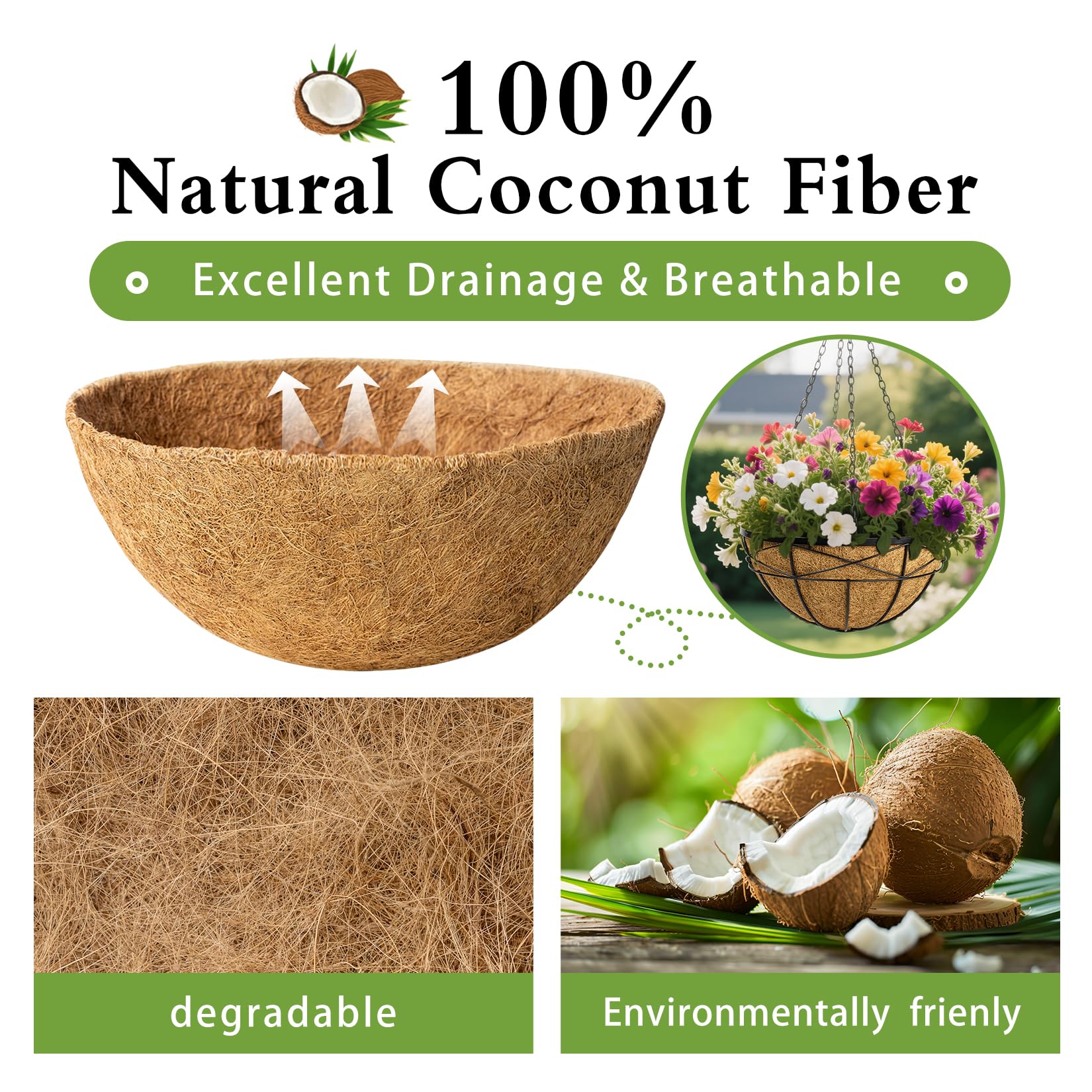JINYICOCO 6 Pack 12 Inch Coco Liners for Hanging Baskets Coconut Husk Plant Liners 100% Natural Round Coco Coir Liner for Hanging Basket Flowers