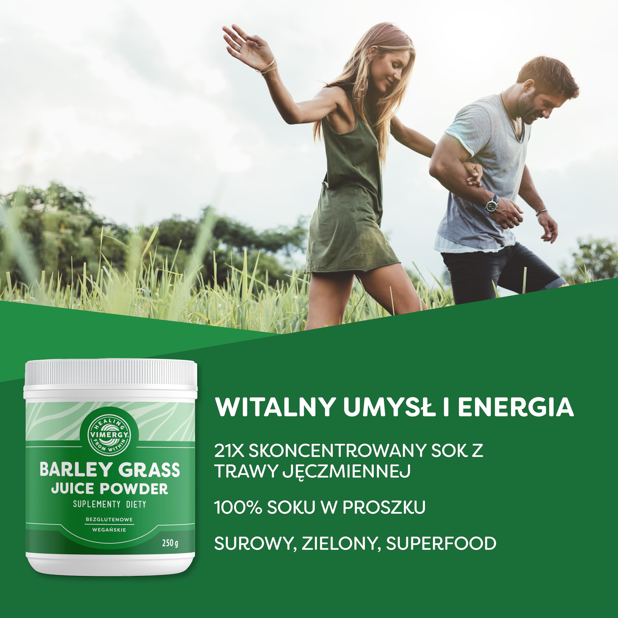 Vimergy Sok z Trawy Jęczmiennej w Proszku, 31 Porcji – Sok z Trawy Jęczmiennej Super Greens – Wegański Suplement – Bez Antyzbrylaczy, Wypełniaczy, Aromatów i Cukru – Bez GMO i Bezglutenowy (250 g)