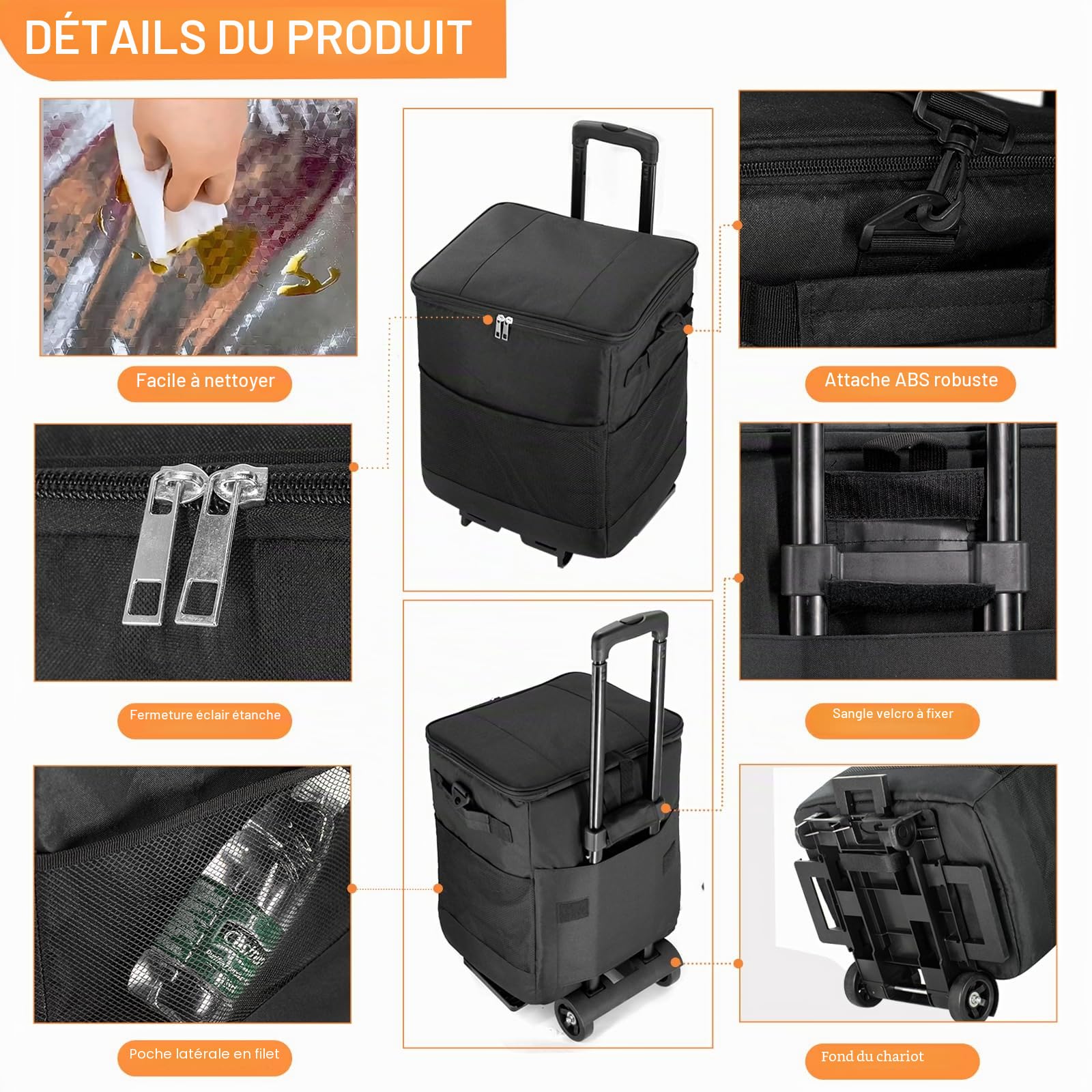 ZHJINGYU Sac Isotherme Grand avec 2 Roues Pliable Glacière Souple Isotherme Sac Pique Nique pour Courses 40L | Chariot de Courses 3en1 Chariot à Sac