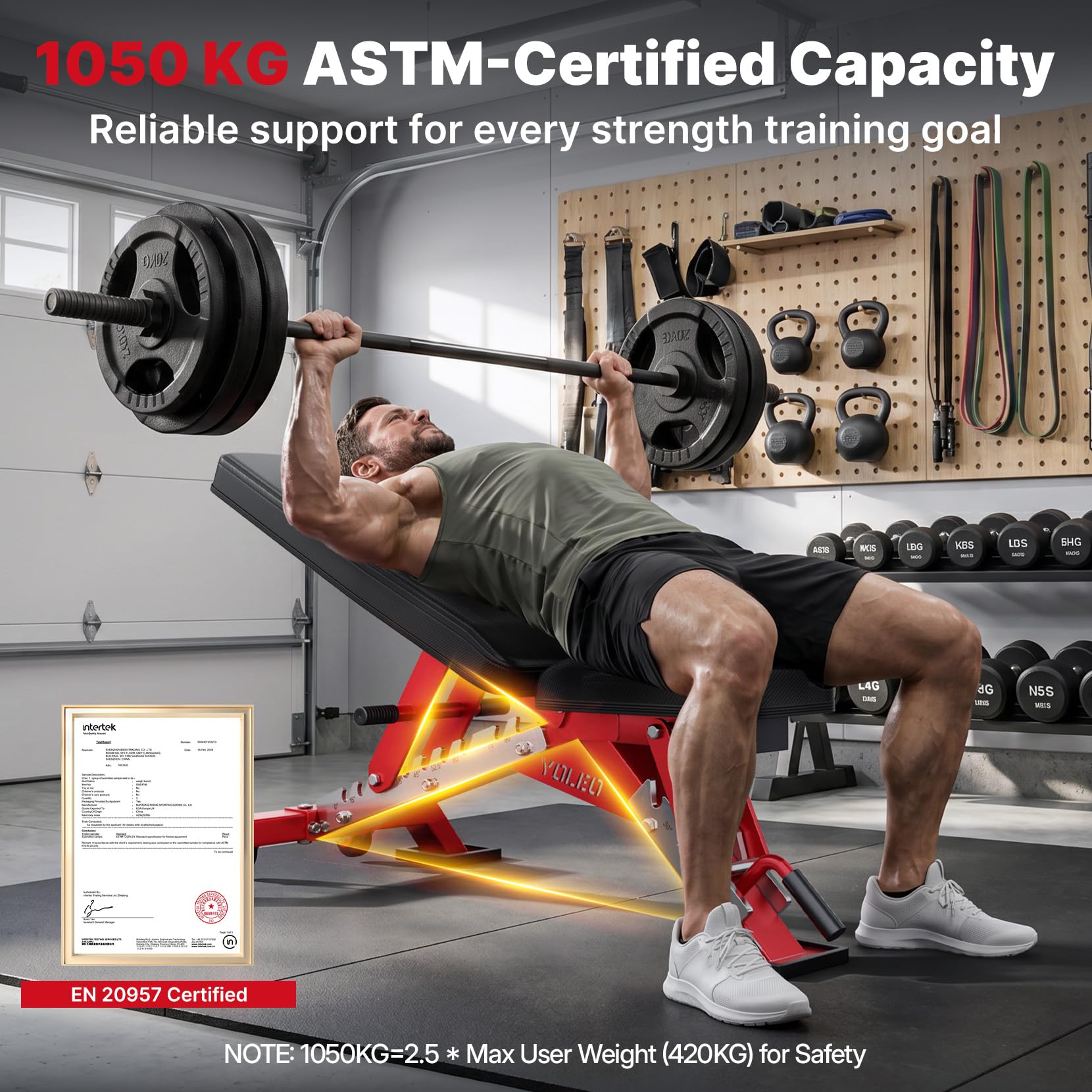 YOLEO Hantelbank Verstellbar bis 1050KG, ASTM-zertifizierte Fitnessbank für Home Gym, Schrägbank, Flachbank und Negativbank für Bankdrücken, 90% Vormontiert