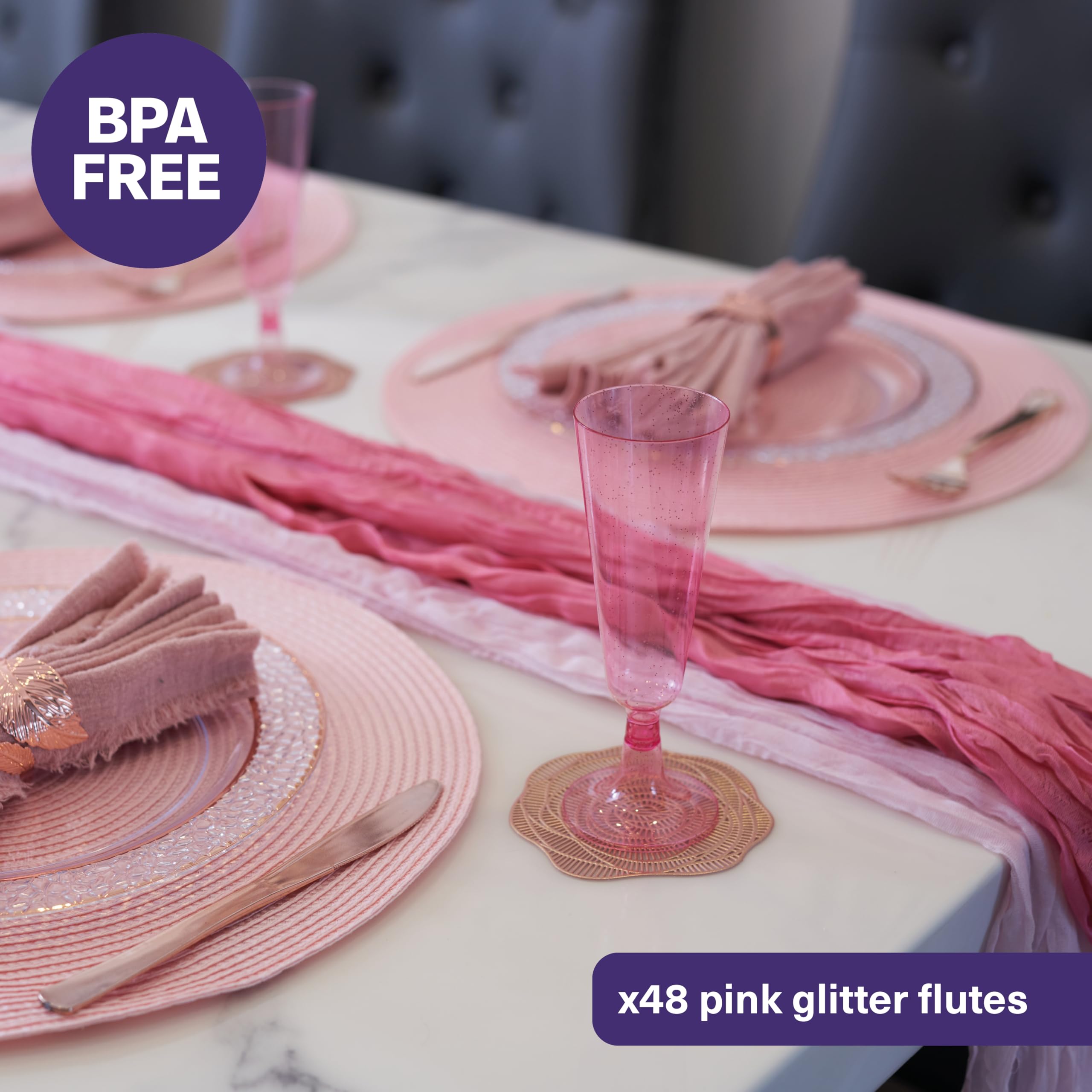 MATANA 50 Premium Pink Plastic Champagne Flutes with Glitters, 150ml, Reusable Plastic Cups, Pink Flutes - Image 4